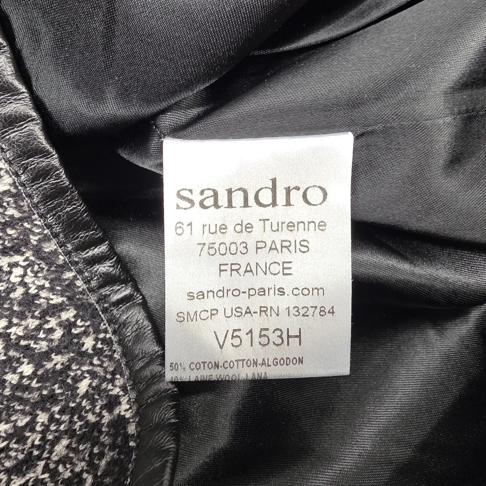 Sandro Tweed Jacket Black White Leather Trim Blazer Women‎ Size 36 - Picture 3 of 11